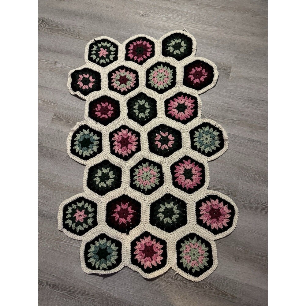 Vintage hexagon granny square crocheted table runner Pink Green Brown Multicolor